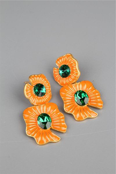 Pelin Aksesuar Orange Green Flower Earrings