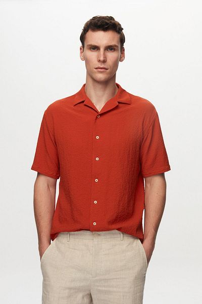 D'S Damat Roter Seersucker - Kurzarmhemd mit knitterfreiem Schnitt