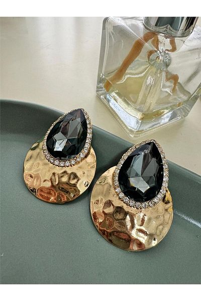 Pelin Aksesuar Smoked Drop Stone Gold Plate Evening Dress Earrings