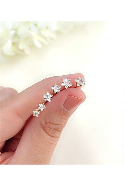 Kyver Solitaire Earrings Star Model Solitaire Triple Set Earrings Tarnish-Free Steel Gold