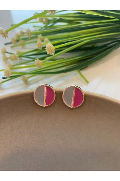 Pelin Aksesuar Fuchsia Gray Circle Earrings