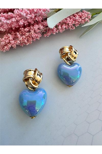 Pelin Aksesuar Shiny Pearlescent Heart Design BLUE Earrings