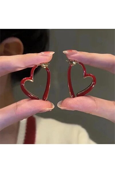 Pelin Aksesuar Heart Patterned Red Earrings