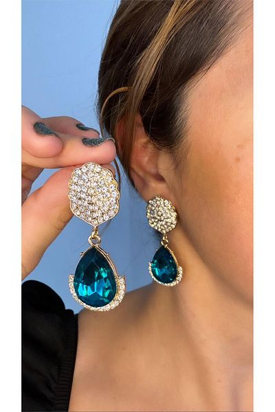 Pelin Aksesuar Green Crystal Drop Evening Dress Earrings