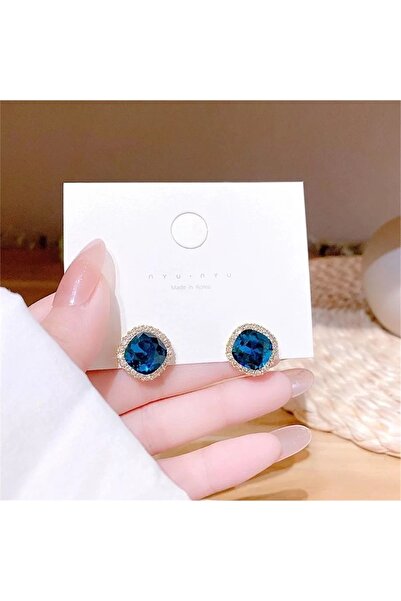 Pelin Aksesuar Lacivert Kristalli Kare Düğme Küpe