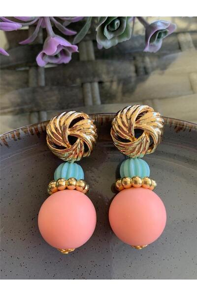 Pelin Aksesuar Pudra Pembe Mint Yeşil Top Boncuklu Tasarım Küpe