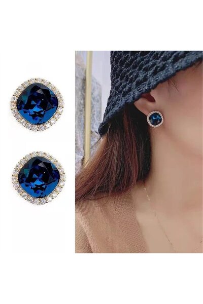 Pelin Aksesuar Lacivert Kristalli Kare Düğme Küpe