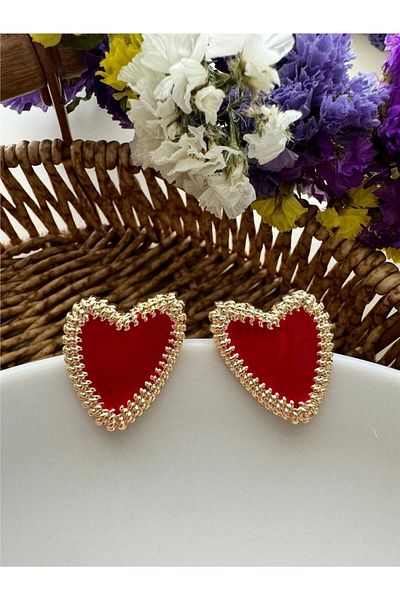 Pelin Aksesuar Red Heart Earrings with Textured Edge