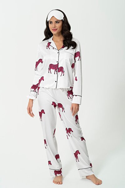 for you sleepwear 6-Piece Zebra Pattern Ecru Satin Pajama Set
