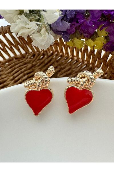 Pelin Aksesuar Heart Patterned Red Earrings