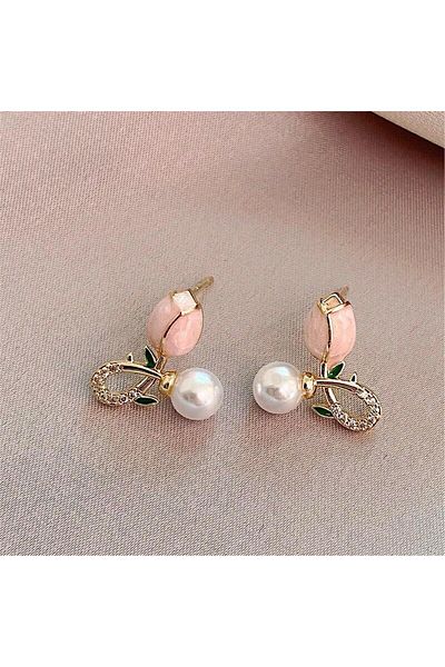 Pelin Aksesuar Pink Pearl Tulip Earrings