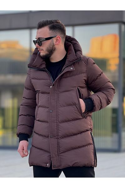 KINGAF Мъжко зимно дълго палто с детайл от страничен цип с качулка