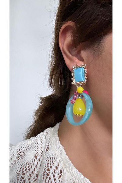 Pelin Aksesuar Blue Yellow Earrings with Bead Detail