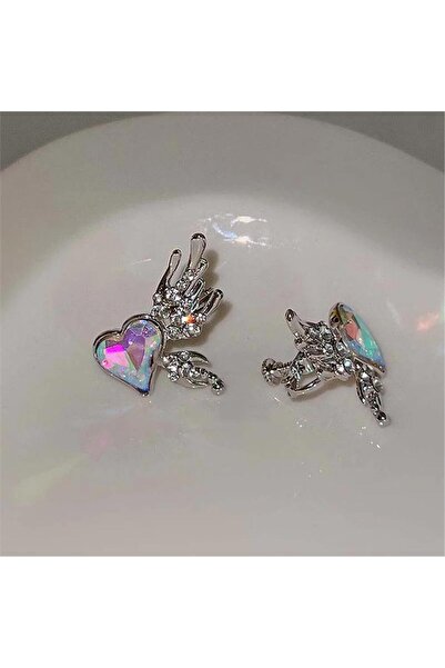 Pelin Aksesuar Silver Buğulu Taşlı Kalp ve Kanat Figürlü Kulak Aksesuarı Piercing