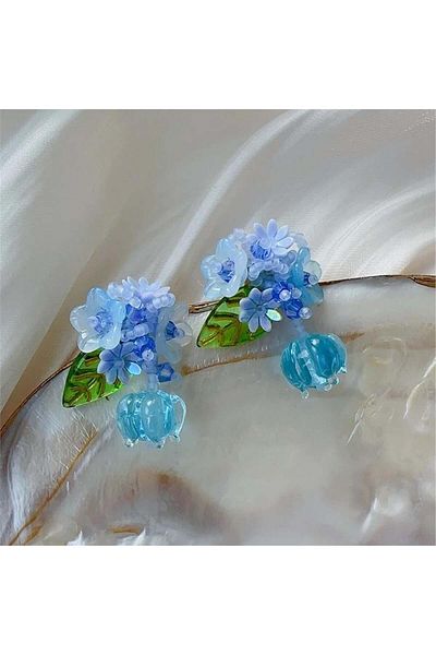 Pelin Aksesuar Blue Flower Patterned Earrings