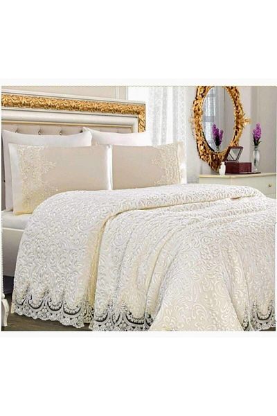 Kelebek Cream Double French Laced Blanket Set, Bedspread Set