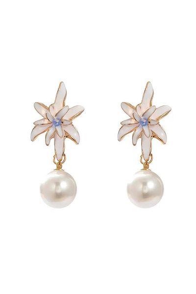 Pelin Aksesuar Pearl Pendant White Flower Earrings