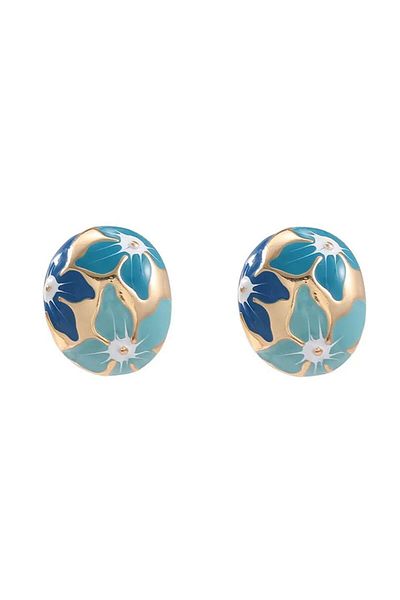 Pelin Aksesuar Green Blue Flower Patterned Oval Large Design Earrings