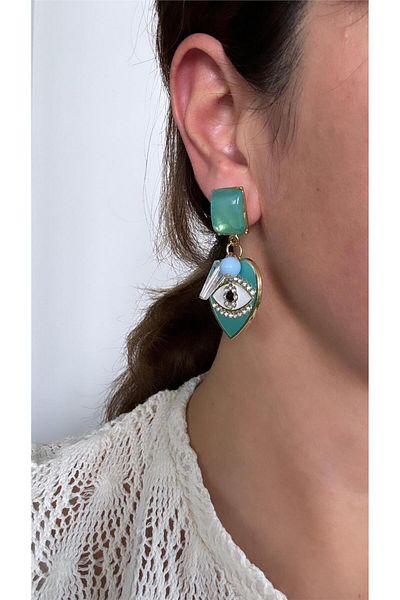 Pelin Aksesuar Turquoise Heart Design - Eye Figure Earrings