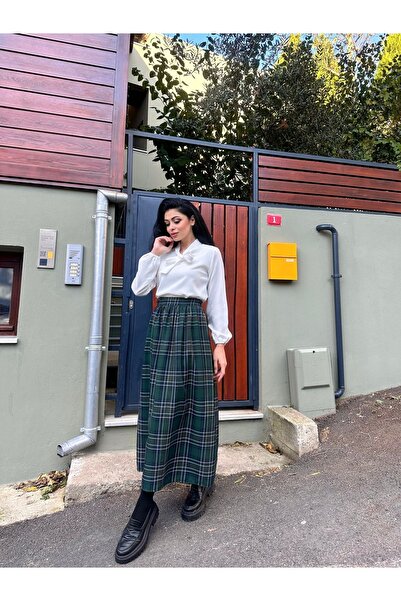 KÜÇÜĞÜM BUTİK Fusta verde în carouri cu talie lungă adunată