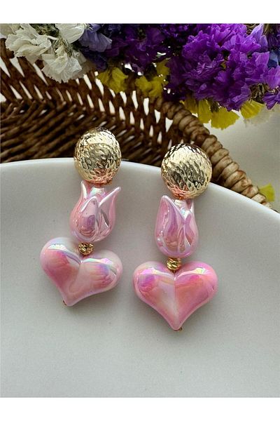 Pelin Aksesuar Heart and Tulip Patterned Pink Earrings
