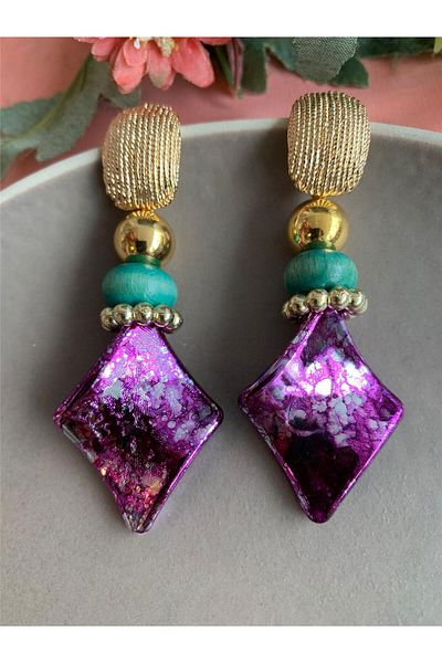 Pelin Aksesuar Marbled Purple Green Square Beaded Design Earrings