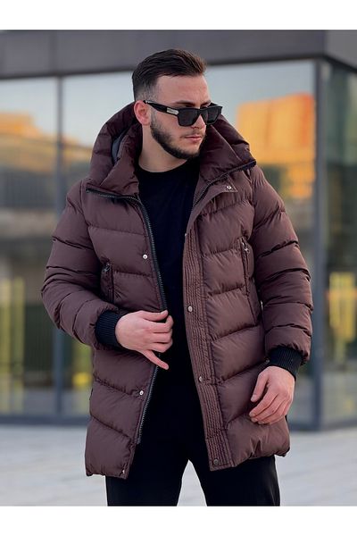 KINGAF Мъжко зимно дълго палто с детайл от страничен цип с качулка