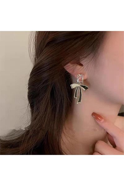 Pelin Aksesuar Black Bow Earrings with Stone Detail