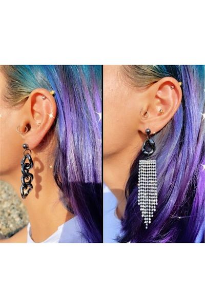 Pelin Aksesuar Asymmetrical Crystal Dangle and Chain Smoked Earrings