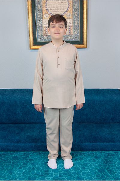 ihvanonline Boy's Hajj Umrah Half Placket Shirt Pants Set - Beige (Krk)