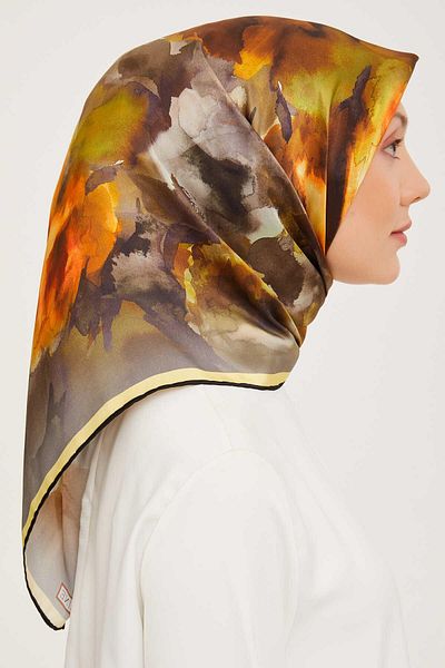 Armine Khaki Patterned Tivil Silk Scarf 9033-33