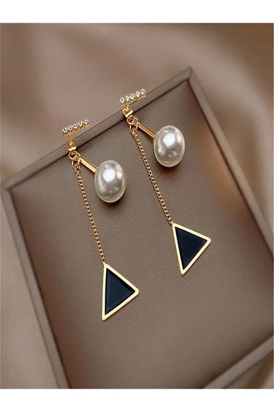 Pelin Aksesuar Ghost Earrings - Black with Triangle Pearl