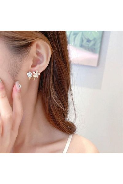 Pelin Aksesuar Cream Double Flower Earrings with Stone Detail