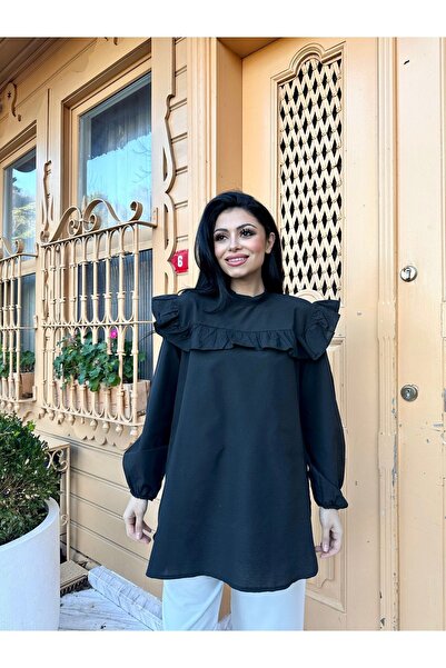 KÜÇÜĞÜM BUTİK Siyah Omuzdan Fırfırlı Poplin Tunik