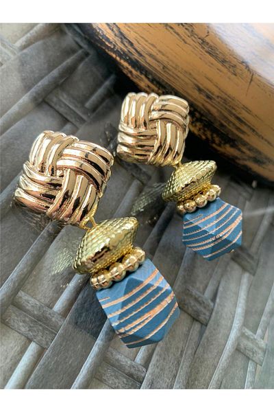Pelin Aksesuar Striped Indigo Blue Wooden Beaded Design Earrings