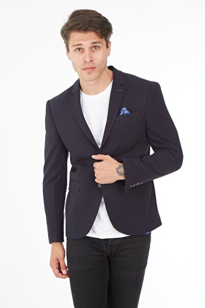 Erkek Lacivert Slım Fıt Blazer Ceket
