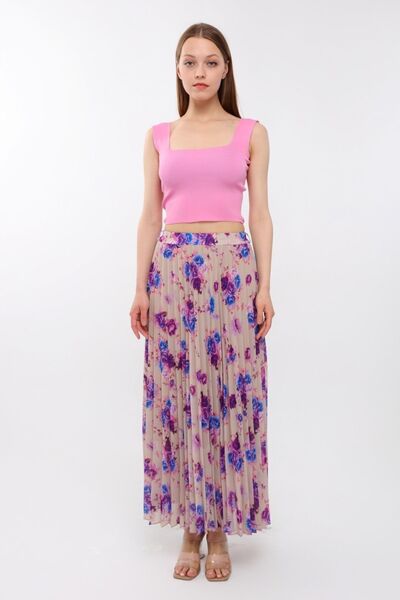 sehatex Πλισέ σιφόν φούστα - Qys με στάμπα, ελαστική μέση και φόδρα