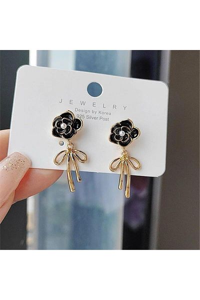 Pelin Aksesuar Black Bow Flower Earrings