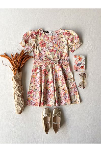 KÜÇÜĞÜM BUTİK Rochie pentru fetiță cu mâneci pepene verde cu model floral portocaliu pastel