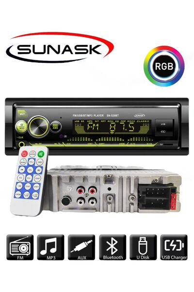 SUNASK Sn-520bt Çift Usb Araba Oto Teyp Radyo Bluetooth Usb Sd Aux Rgb Tuş Işığı 4x75 Watt