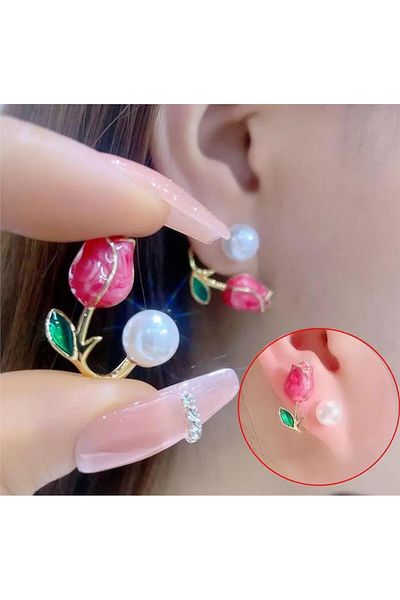 Pelin Aksesuar Dark Pink Tulip Earrings with Pearls