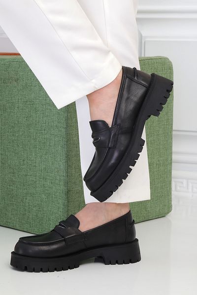 BELİSİA Black Leather Comfort Women's Loafer Shoes