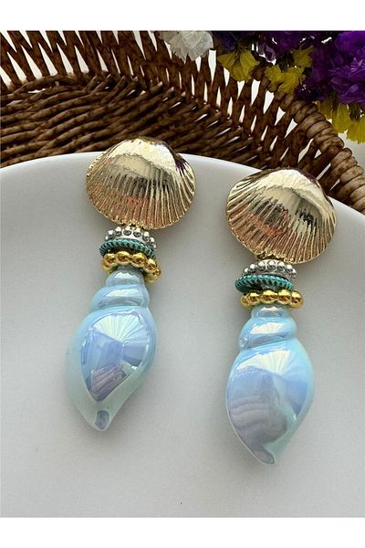 Pelin Aksesuar Bright Blue Sea Shell Pearlescent Earrings