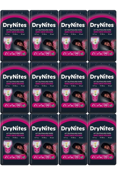 DryNites Emici Gece Külodu/Külot Bez Kız 4-7 Yaş 17-30KG Large 120Adet 12PK*10 Alt Islatmalara Karşı