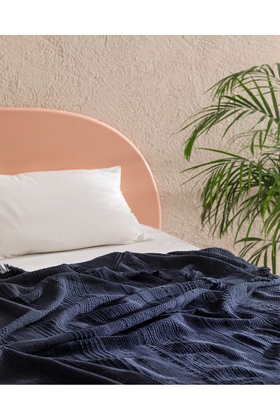 Madame Coco Lucille King Size 100% Cotton Bedspread - Navy Blue