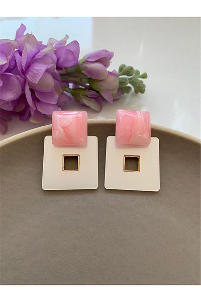 Pelin Aksesuar White Pink Square Earrings