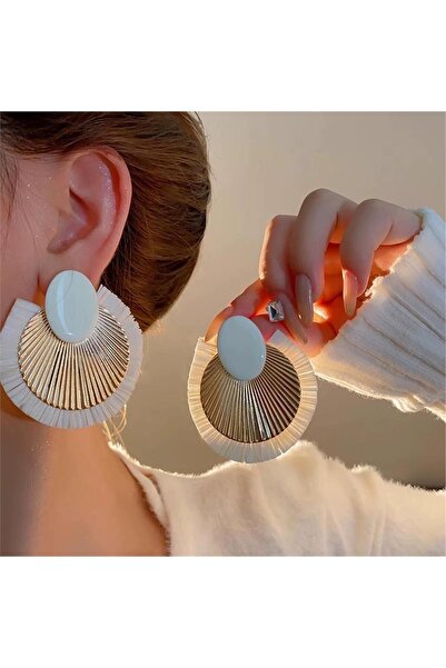 Pelin Aksesuar Beyaz Rafya Püskül Saçaklı Küpe