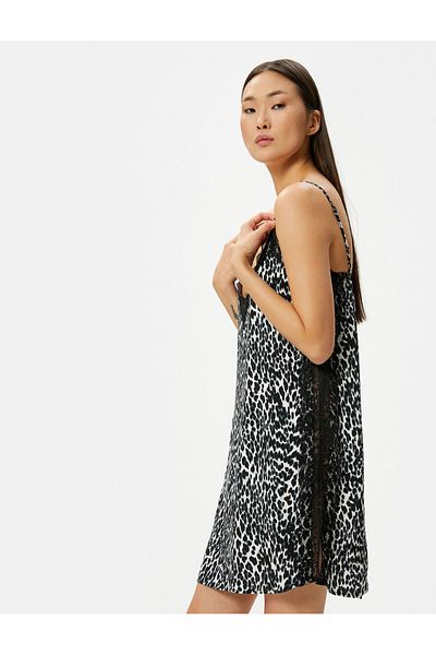 Koton Leopard Patterned Nightgown Thin Strap Lace V-Neck