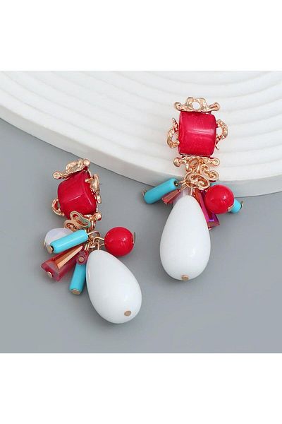 Pelin Aksesuar Red Blue White Beaded Design Earrings