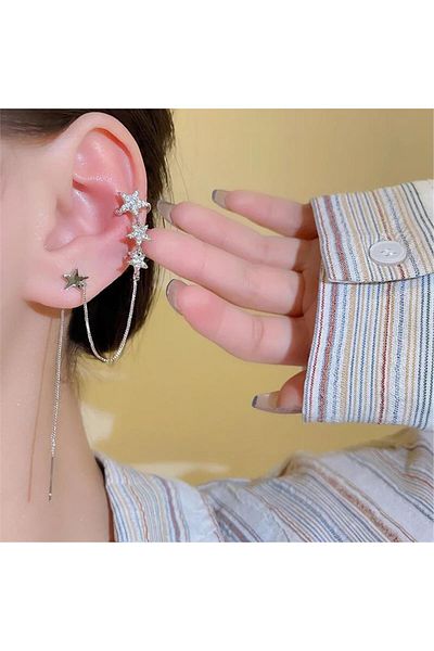 Pelin Aksesuar Star Patterned Silver Ear Accessory - Snap-on Design